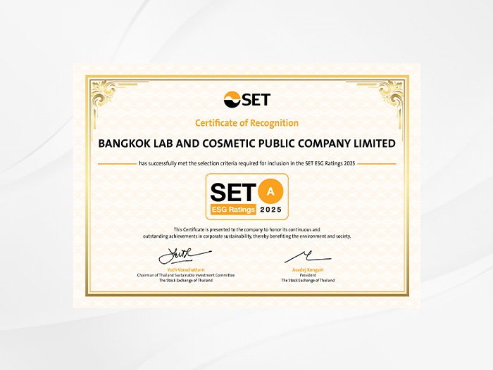 BLC received a "SET ESG Ratings" sustainability assessment at the "A" level for the year 2025 from the Stock Exchange of Thailand